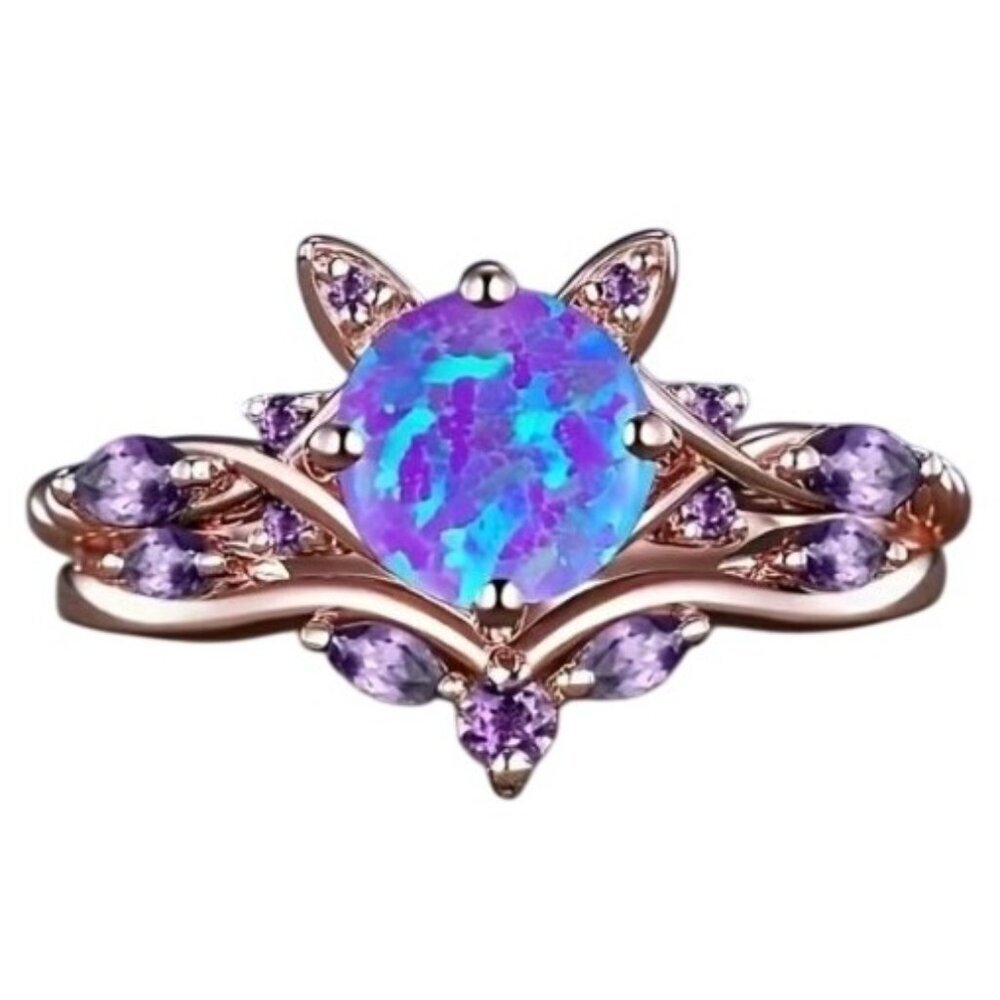 Lavender Ethiopian Fire Opal Cat Inspired Engagement Ring Set Timeless rose gold